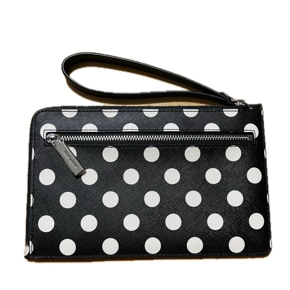 Kate Spade New York Medium L-Zip Wristlet Saffiano Leather Polka Dot Black, NWOT